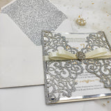 Stylish Silver Glittery Laser Cut Wedding Invite with Ribbon and Buckle CILA036