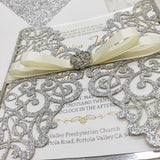 Stylish Silver Glittery Laser Cut Wedding Invite with Ribbon and Buckle CILA036
