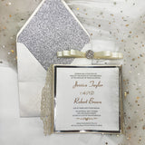 Stylish Silver Glittery Laser Cut Wedding Invite with Ribbon and Buckle CILA036