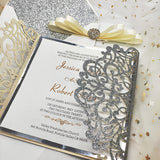 Stylish Silver Glittery Laser Cut Wedding Invite with Ribbon and Buckle CILA036