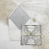 Stylish Silver Glittery Laser Cut Wedding Invite with Ribbon and Buckle CILA036