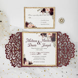 Burgundy Shimmer Laser Cut Wedding Invite with Rose Gold Glitter CILA020