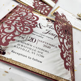 Burgundy Shimmer Laser Cut Wedding Invite with Rose Gold Glitter CILA020