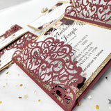 Burgundy Shimmer Laser Cut Wedding Invite with Rose Gold Glitter CILA020