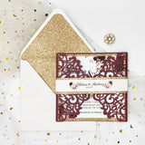 Burgundy Shimmer Laser Cut Wedding Invite with Rose Gold Glitter CILA020