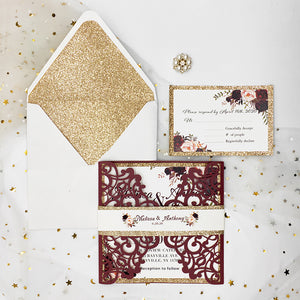 Burgundy Shimmer Laser Cut Wedding Invite with Rose Gold Glitter CILA020