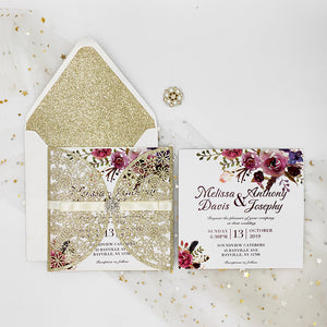 Stylish Champagne Gold Glittery Laser Cut Wedding Invite