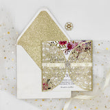 Champagne Gold Glittery Laser Cut Wedding Invite with Ribbon an Buckle CILA012