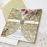 Champagne Gold Glittery Laser Cut Wedding Invite with Ribbon an Buckle CILA012