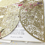 Champagne Gold Glittery Laser Cut Wedding Invite with Ribbon an Buckle CILA012