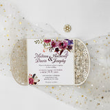 Champagne Gold Glittery Laser Cut Wedding Invite with Ribbon an Buckle CILA012