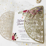 Champagne Gold Glittery Laser Cut Wedding Invite with Ribbon an Buckle CILA012