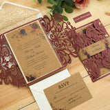 Burgundy Laser Cut Wedding Invites with Floral and Glittery Backing Card CILA048
