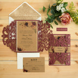 Burgundy Laser Cut Wedding Invites with Floral and Glittery Backing Card CILA048