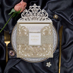 Luxury Champagne Gold Glittery Laser Cut  Wedding Invite with Belly Band CILA055